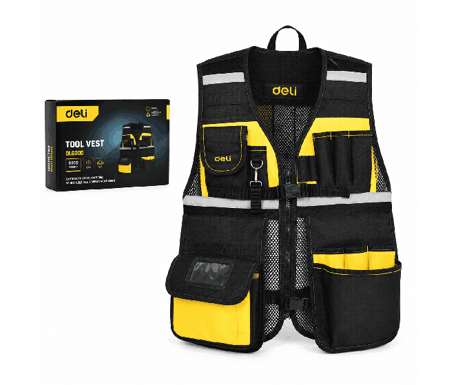 Deli EDL586113 Tool Vest All-in-One | 600D High Density Breathable Adjustable Work Vest One Size Fits All