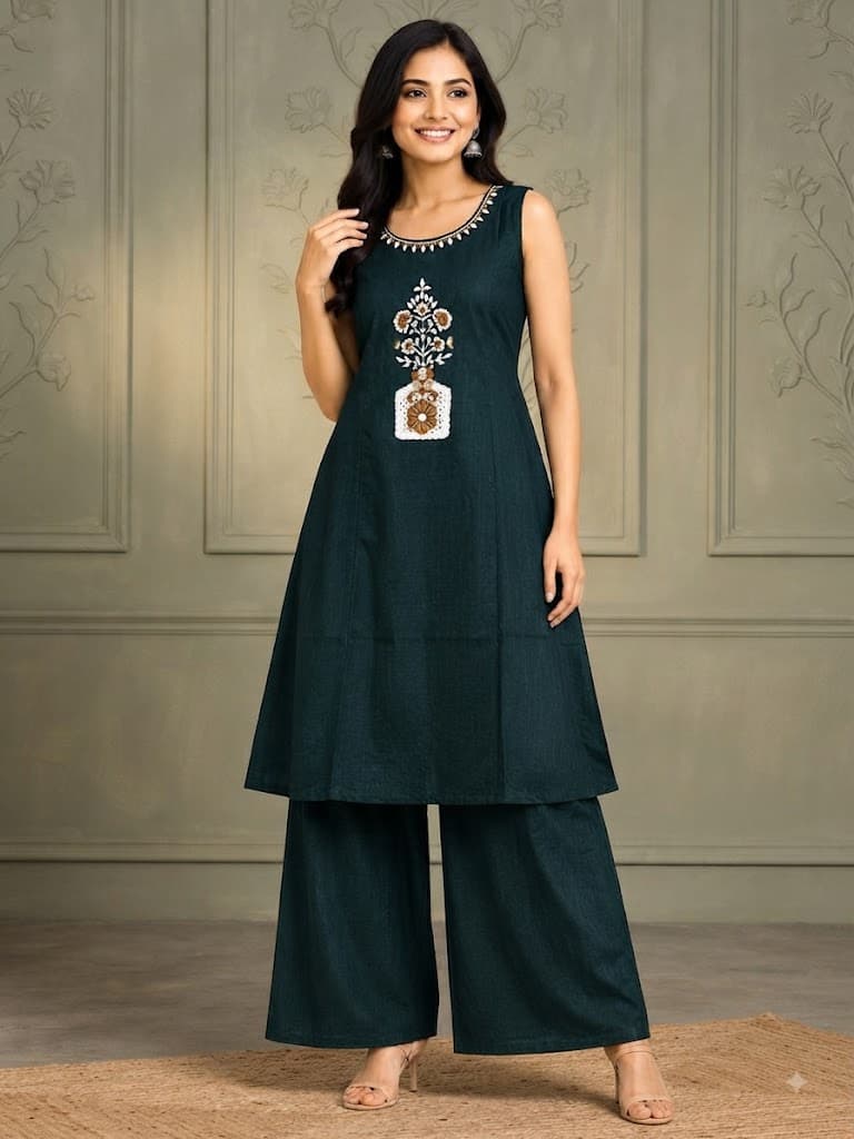 Dark Green Embroidered Sleeveless Kurta & Palazzo Set for Women