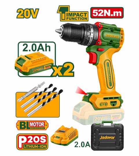 Jadever JDCDP5281 Compact Brushless Cordless Impact Drill 20V 52Nm