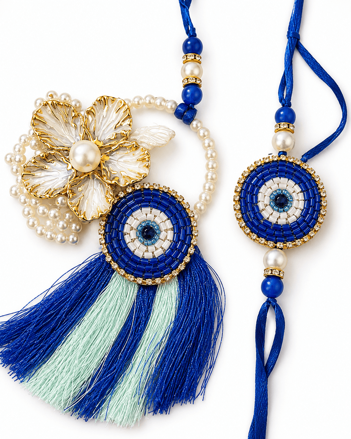 Blue & Gold Designer Rakhi with Pearl Flower & Tassel