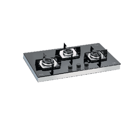 GLEN 1073 SQF IN 3 Burner Glass Hob Top with SS Frame, Italian Double Ring Burner & Auto Ignition
