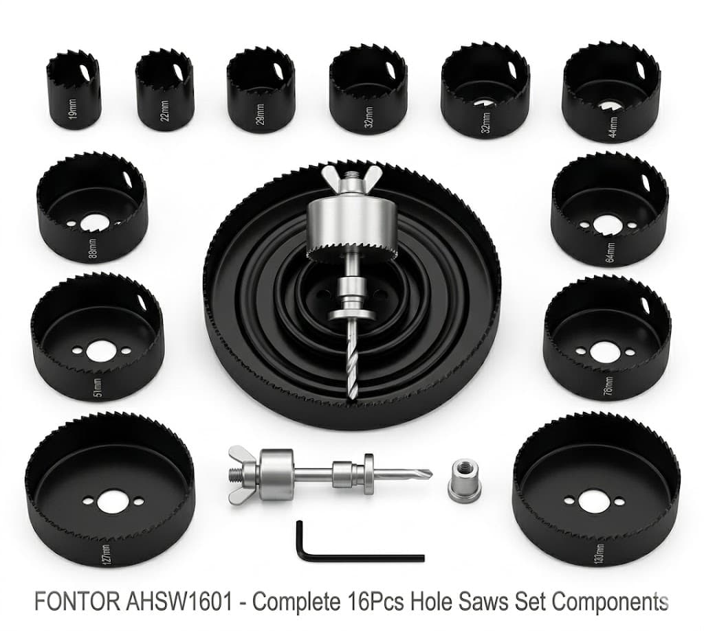 Fontor HOLE SAW 16PCS SET AHSW1601 – Multi-Size Wood & Plastic Hole Cutter Kit