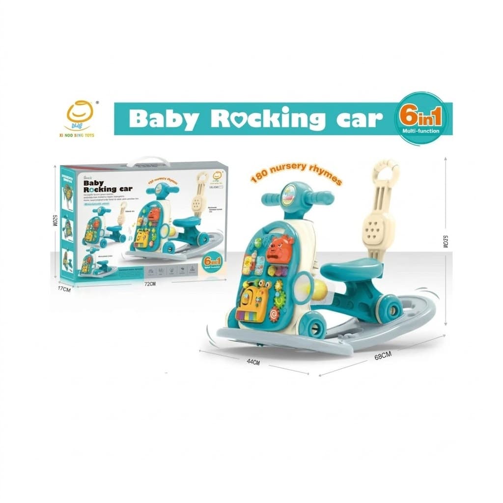6-in-1 Baby Rocking Car & Push Walker in Teal – Multi-Functional Ride-On Toy with 180 Nursery Rhymes for Toddlers