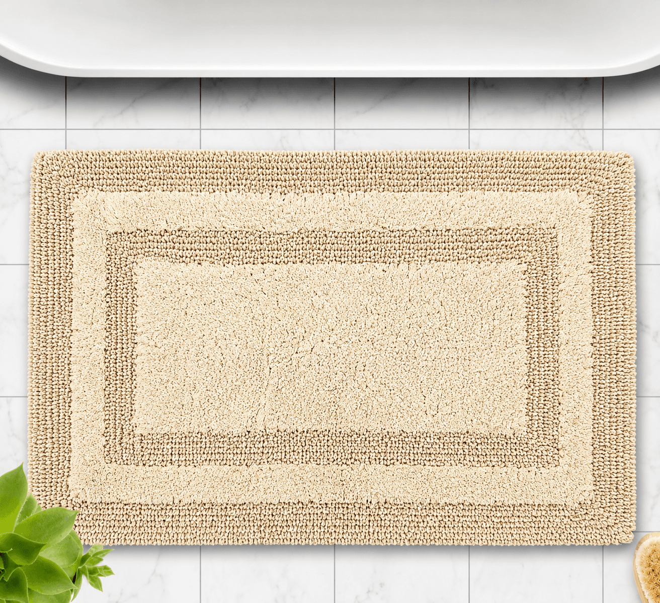 Plush Textured Cream Beige Bath Mat with Border Detail