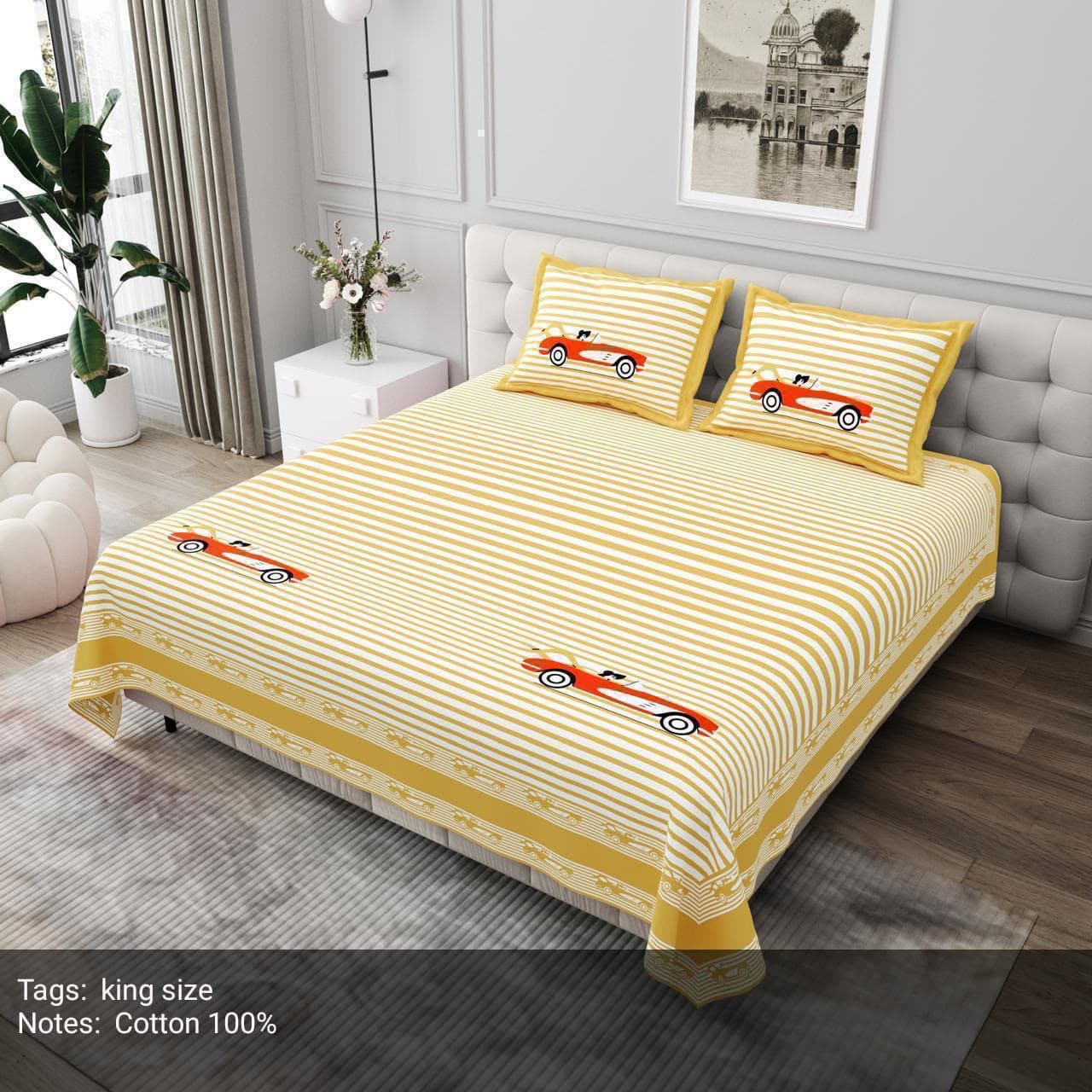 Jaipuri Bedsheet Vintage Convertible Sports Car & Striped Motif Print in Yellow – 100% Cotton King Size