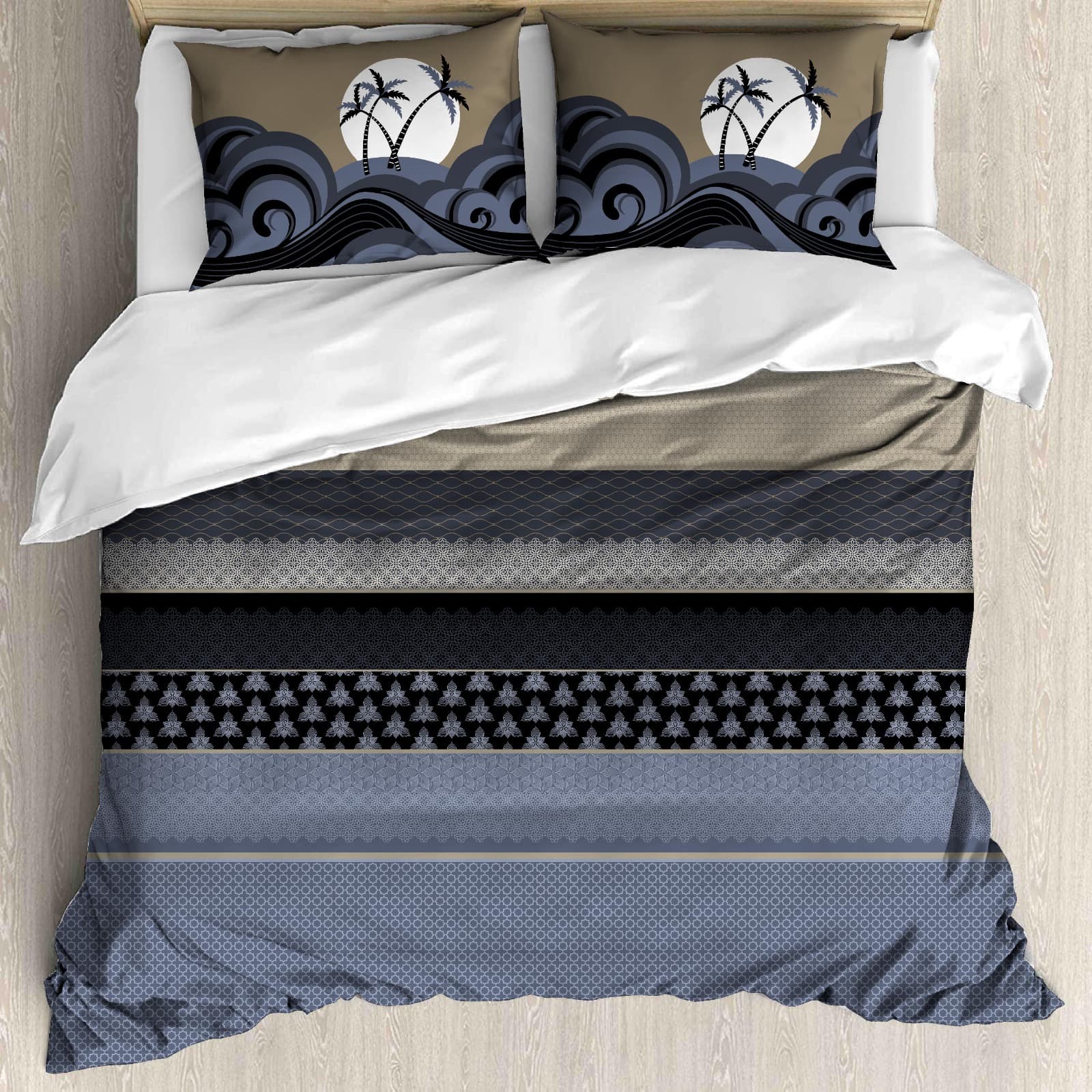 Premium Grey & Beige Coastal Print Cotton King Size Bedsheet with Designer Pillow Covers (108 × 108 Inches)