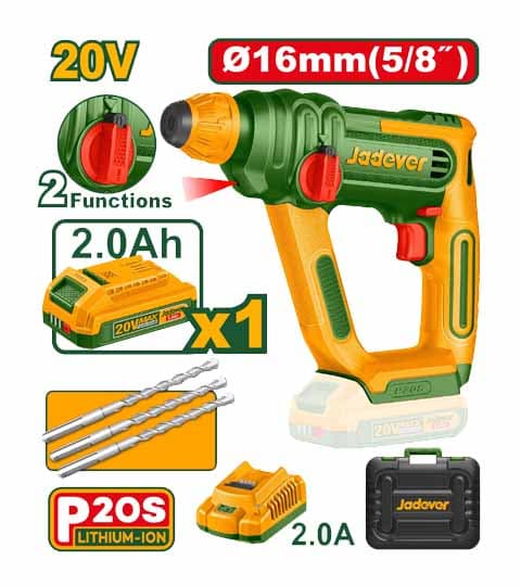 Jadever JDLM1B162 Cordless Rotary Hammer 20V 16mm Powerful Electric Drill Machine for Concrete Wood & Metal