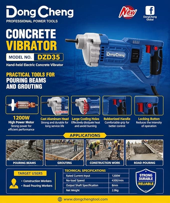 Dongcheng DZD35 Hand Concrete Vibrator 1200W Heavy-Duty Concrete Compactor hardware & machinery — thumbnail 6 of 8