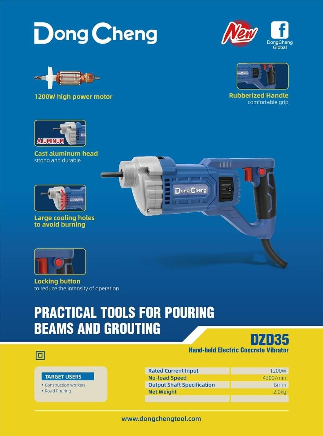 Dongcheng DZD35 Hand Concrete Vibrator 1200W Heavy-Duty Concrete Compactor hardware & machinery — thumbnail 2 of 8