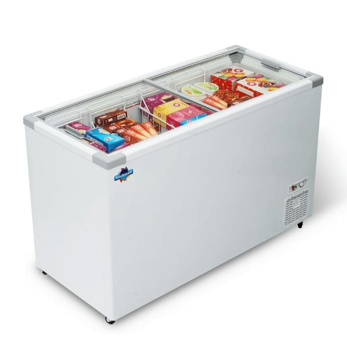 Rockwell SFR550GT 550L Flat Type Glass Top Showcase Freezer | Commercial Display Deep Chest Freezer for Shop & Supermarket
