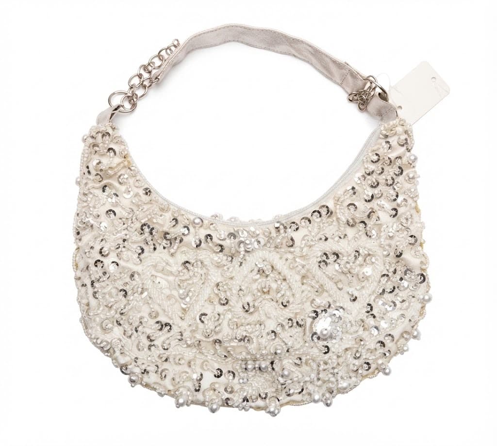 White Sequin Beaded Evening Shoulder Bag with Chain Strap | Party & Wedding Clutch Purse
