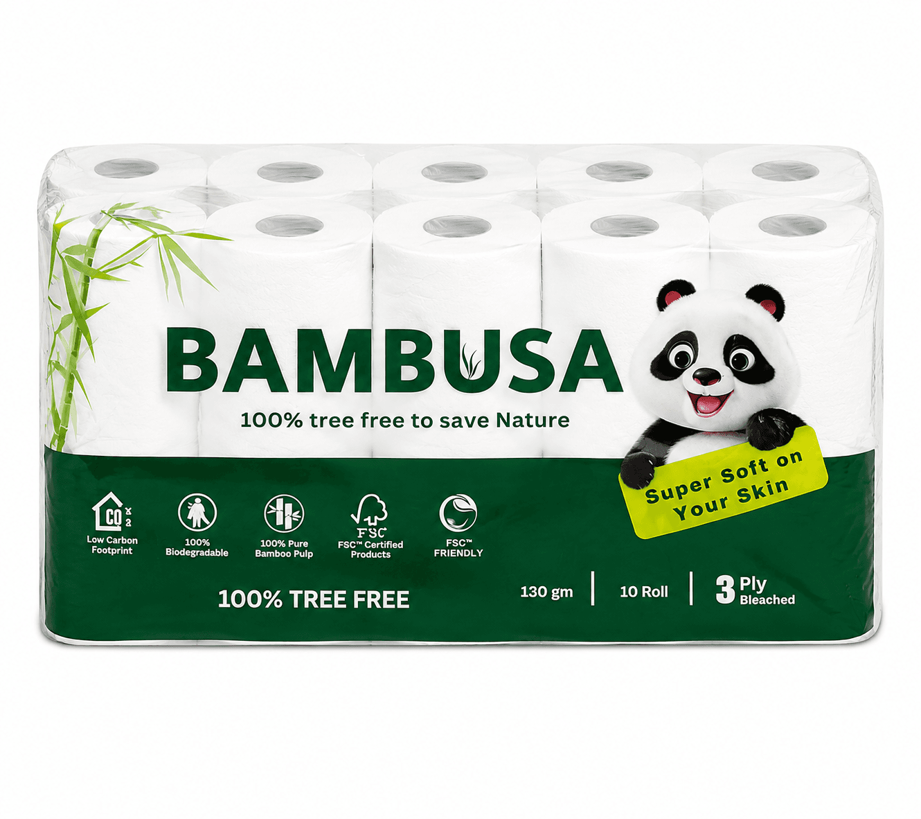 Bambusa 3 Ply Bamboo Toilet Tissue Paper Roll | 10 Rolls | 100% Tree Free | Super Soft & Eco-Friendly