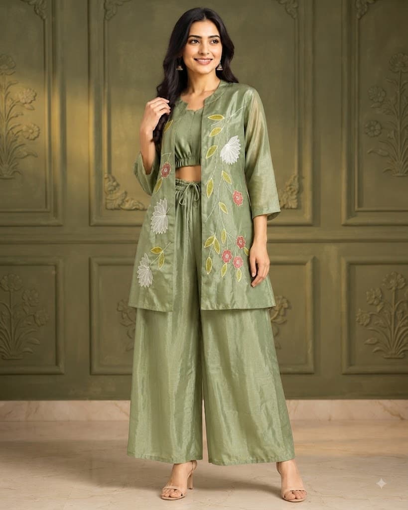 Sage Green Embroidered Crop Top, Palazzo & Jacket Set