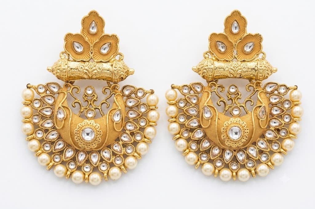 Peacock Motif Antique Gold Kundan & Pearl Chandbali Earrings | Traditional Ethnic Jewelry for Women