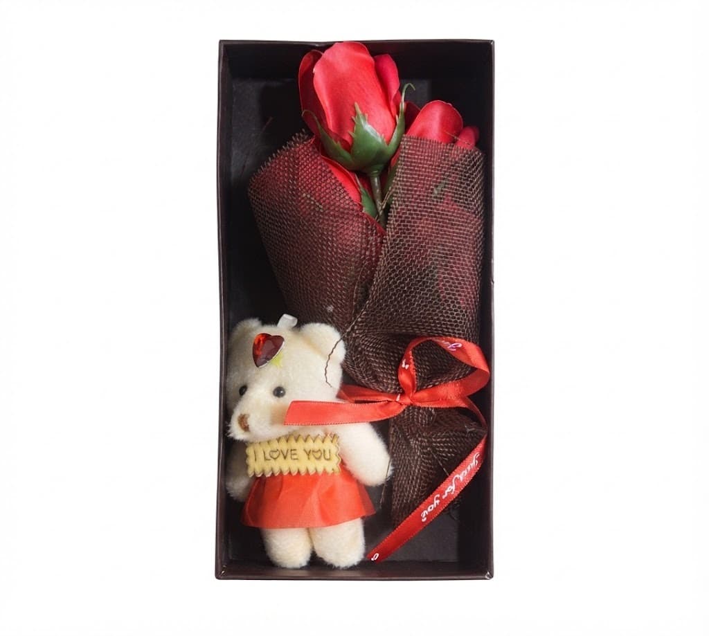 Teddy Bear & Rose Gift Box | Cute Plush Teddy with Artificial Rose for Gifting