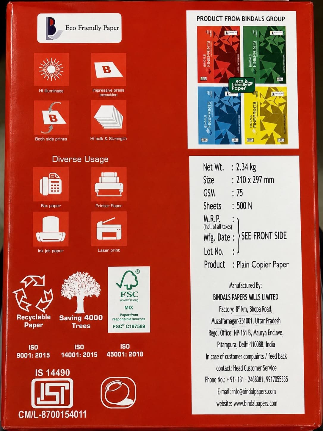 Bindals Fine Prints A4 Copy Paper 75 GSM –5 Box  (210 × 297 mm) daily essentials & lifestyle — image 1 of 4