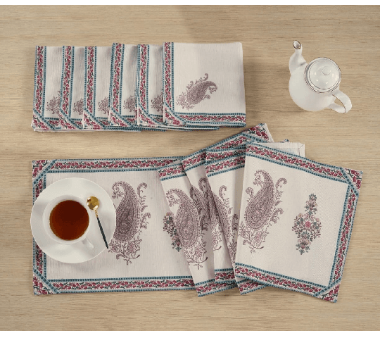 Elegant 7-Piece Table Runner & Mat Set in Brown & White (Polycanvas, Machine Washable daily essentials & lifestyle