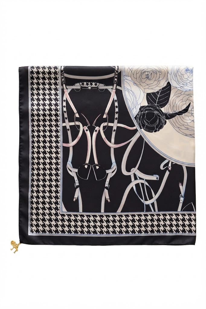 Equestrian & Floral Print Silk Scarf with Houndstooth Border – Elegant Women’s Fashion Scarf