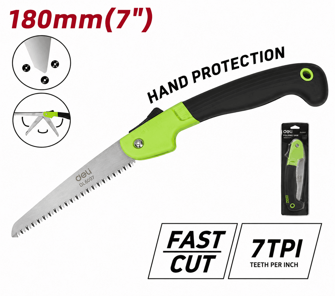Deli Tools Folding Saw 7 Inch (180mm) Portable Hand Pruning Saw for Wood, Garden & Outdoor Cutting