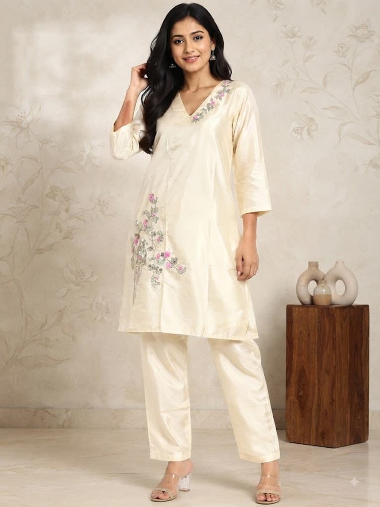 Off-White Floral Embroidered Kurta & Pants Set for Women
