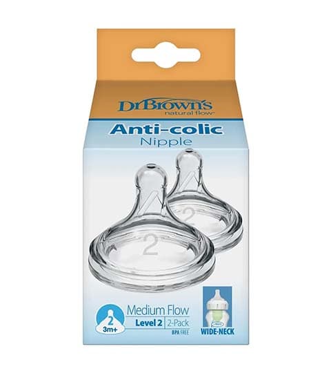 Dr. Brown's Level 2 Wide-Neck Silicone Feeder Nipple 2-Pack for Babies 3-6 Months