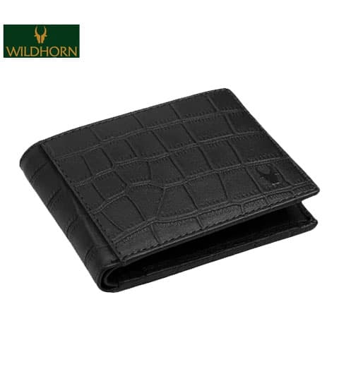 Wildhorn RFID Protected 100% Genuine Leather Wallet for Men – Black Croco Stylish Bi-Fold Wallet