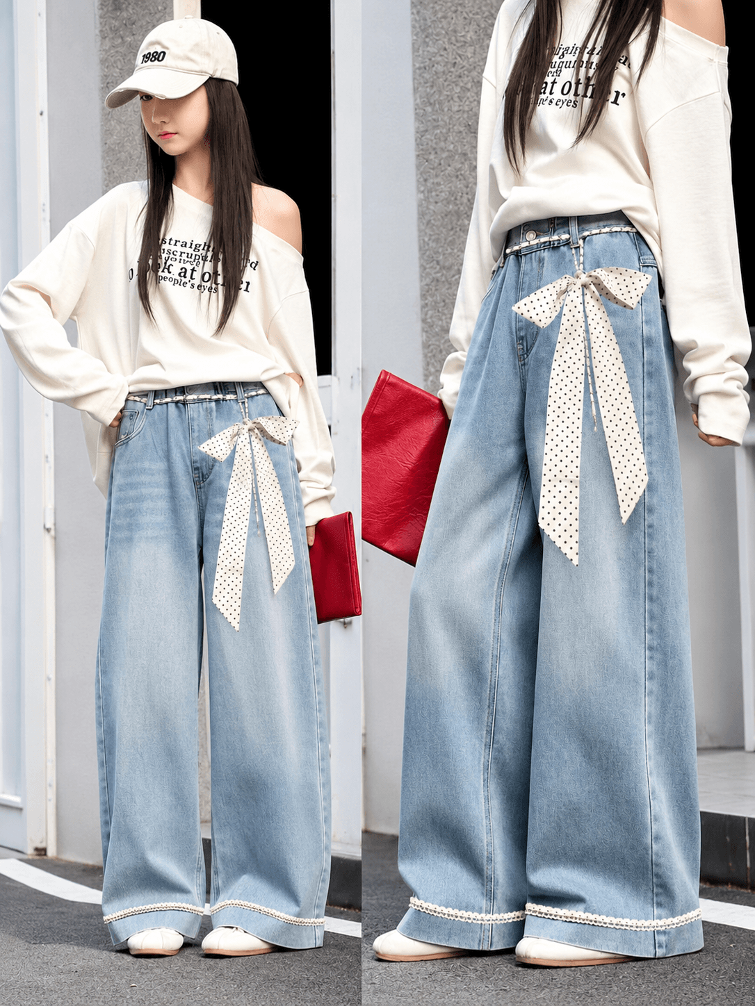 Bow Accent Lace-Trim Wide Jeans