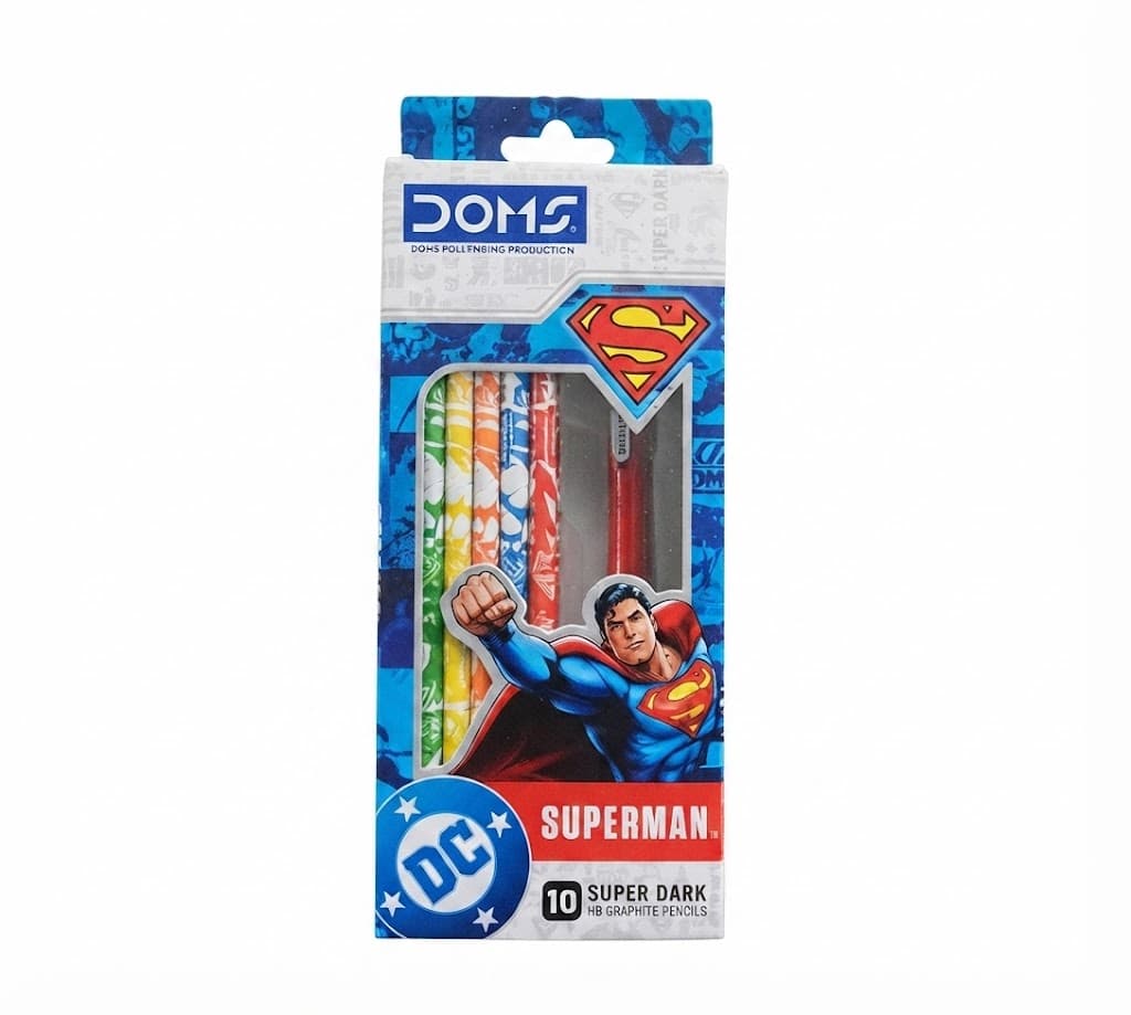 DOMS Superman Super Dark HB Graphite Pencils Set of 10 | DC Comics Branded Stationery for School, Writing & Drawing