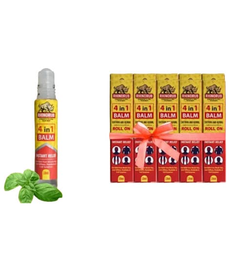 RhinoRub 4 in 1 Roll-On 10ml - Pack of 10 Pain Relief Oil for Muscle Pain, Joint Stiffness, Headache, Cold & Congestion