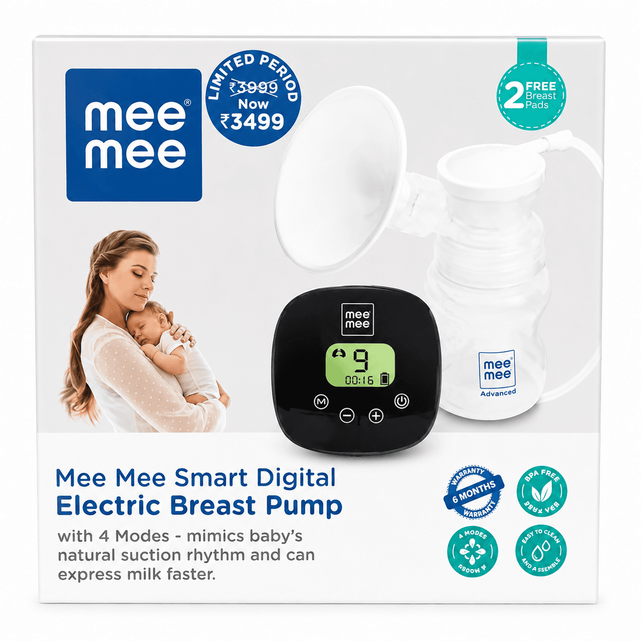 Mee Mee Smart Digital Electric Breast Pump – 4 Modes, BPA-Free, Easy to Clean, with 2 Free Breast Pads