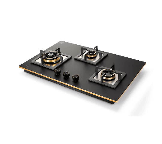 GLEN 3 Burner Glass Hob Top with Triple Ring Brass Burners & Auto Ignition – 1073 XLCIHTTTRMG