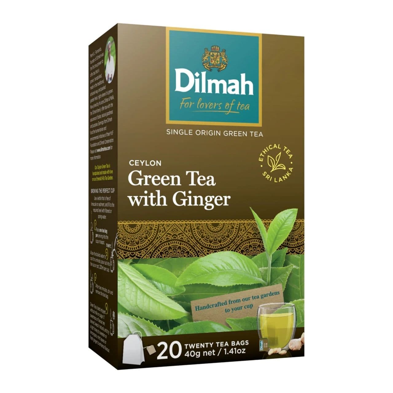 Dilmah Pure Ceylon Green Tea with Ginger 20 Tea Bags | Natural Wellness Tea