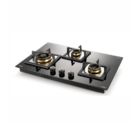 GLEN 3 Burner Extra Large Glass Gas Hob Top with Triple Ring & Double Ring Brass Burners, Auto Ignition – BH 1073 CIH TT DB TR