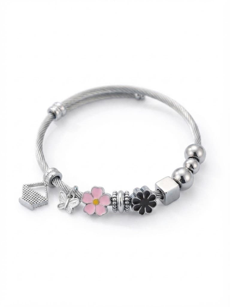 Stainless Steel Charm Bracelet with Blue Bead & Silver-Outline Charm | Fashion Bracelet for Women & Girls