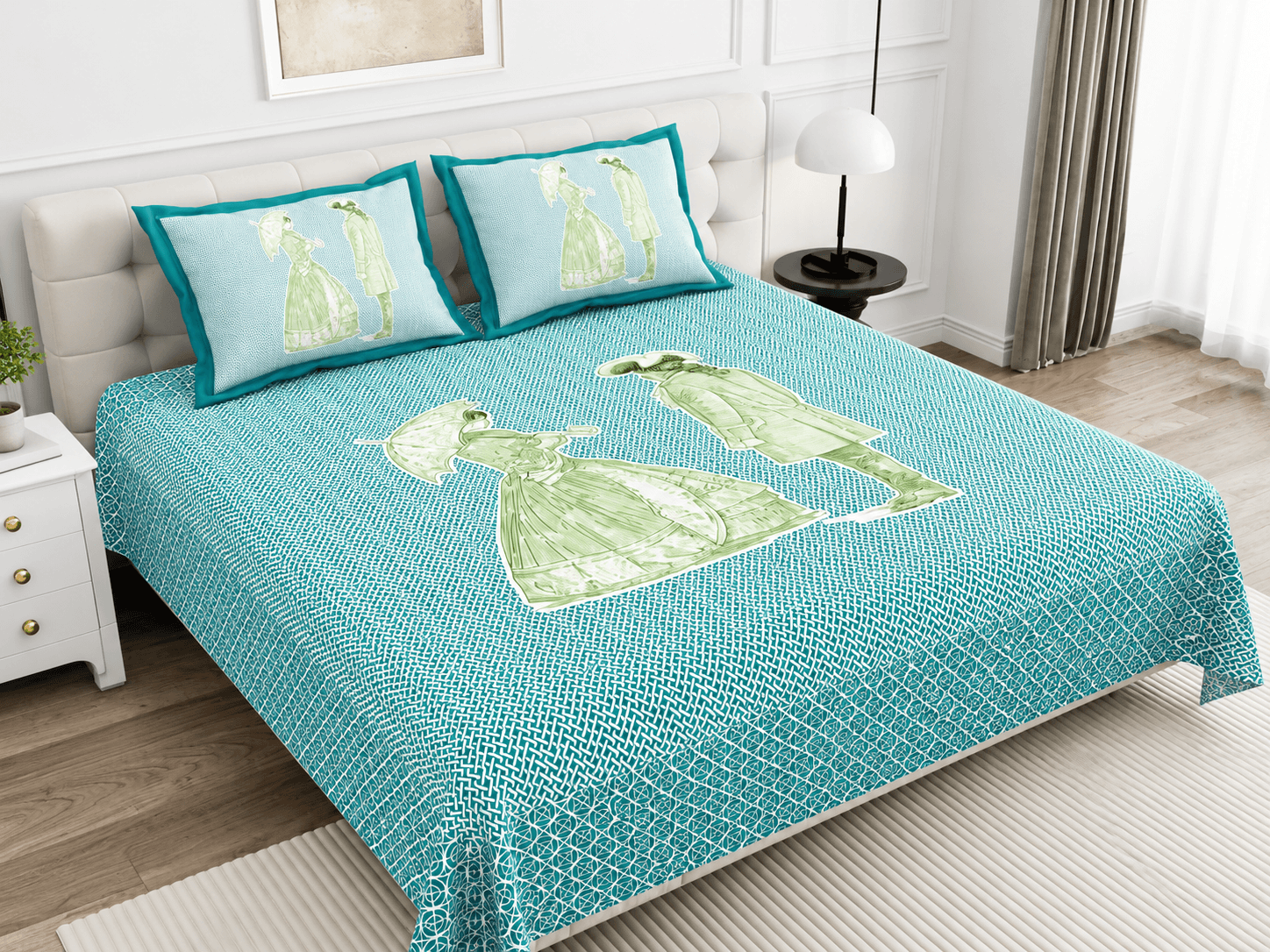 Jaipuri Bedsheet Toile de Jouy-Inspired Vintage Victorian Couple Motif – 100% Cotton King Size