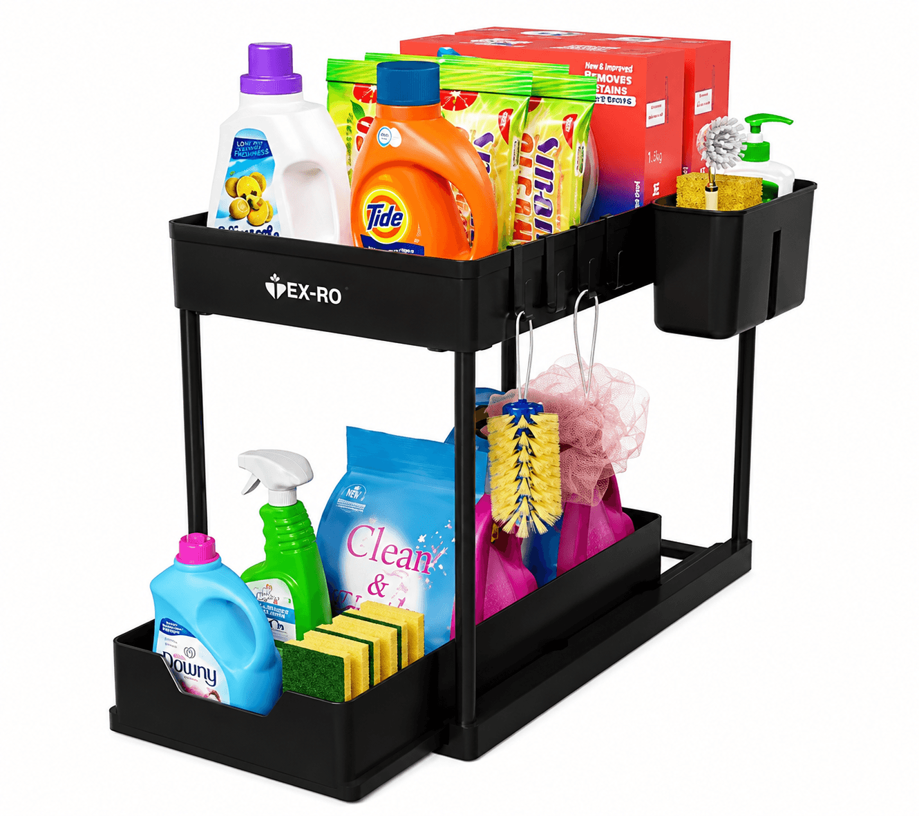 2-Tier Under Sink Organizer Rack with Hanging Hooks & Side Holder | Multi-Purpose Cleaning Supplies Storage Shelf