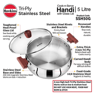 Hawkins Hawkins 5 Litre Stainless Steel Induction Compatible Handi with Lid SSH50G – Premium Durable Cookware for Everyday… — thumbnail 2 of 2