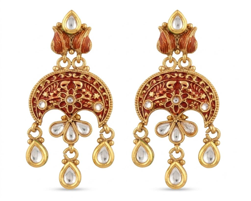 Red Meenakari and Kundan Chandbali Statement Earrings for Women