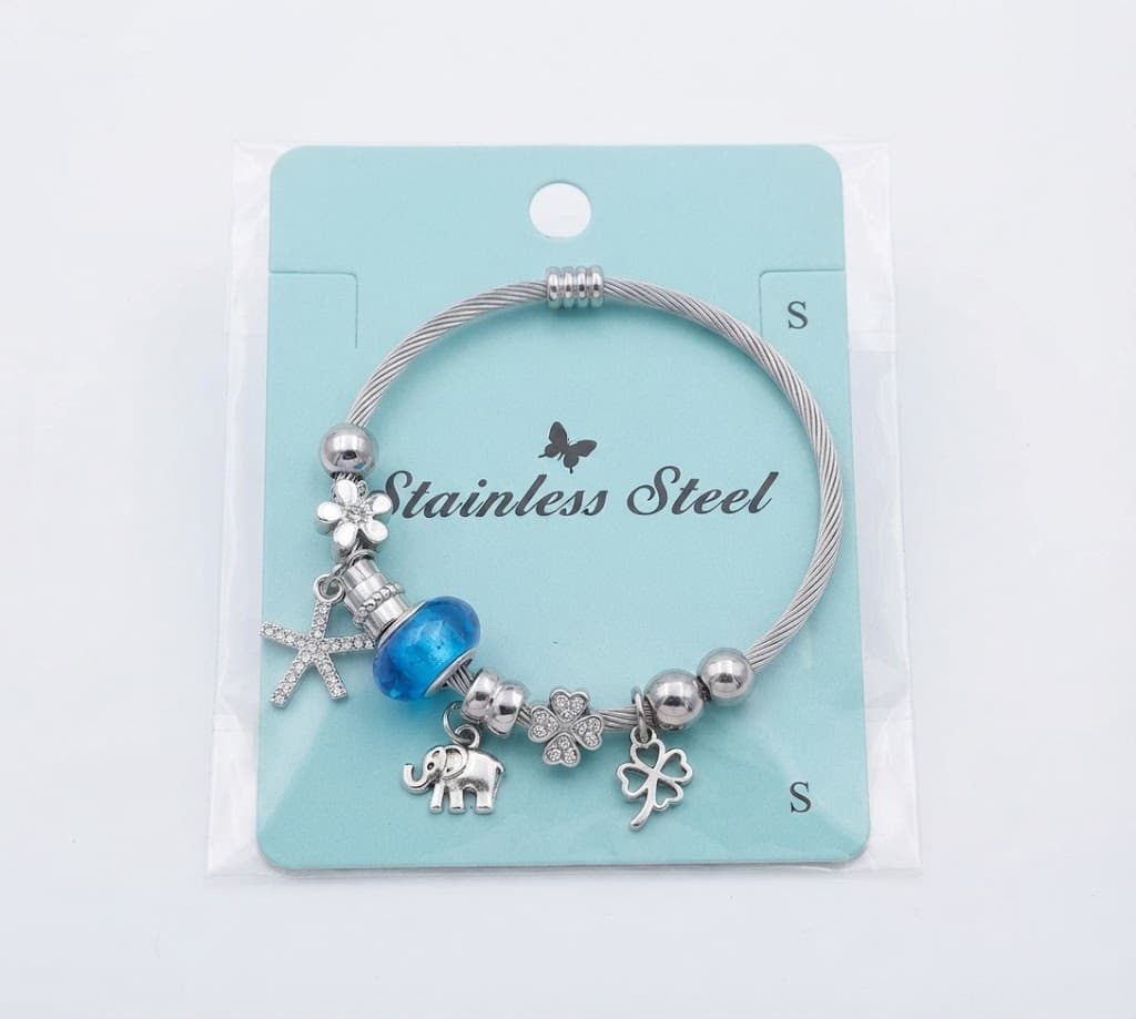 Stainless Steel Charm Bracelet with Blue Bead | Stylish Fashion Bracelet for Women & Girls