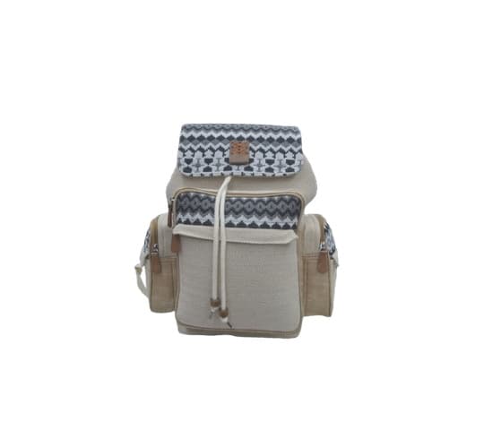 Woven Hemp Multi-Pocket Backpack with Monochrome Aztec Accent