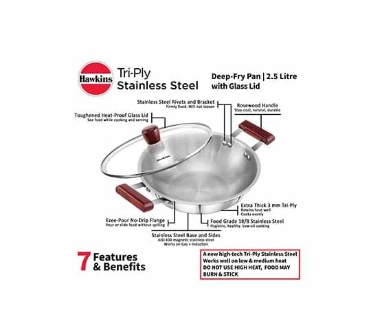 Hawkins Hawkins SSD25G Stainless Steel Deep Fry Pan with Glass Lid | Induction Compatible | 2.5L Kadhai daily essentials &… — thumbnail 3 of 4