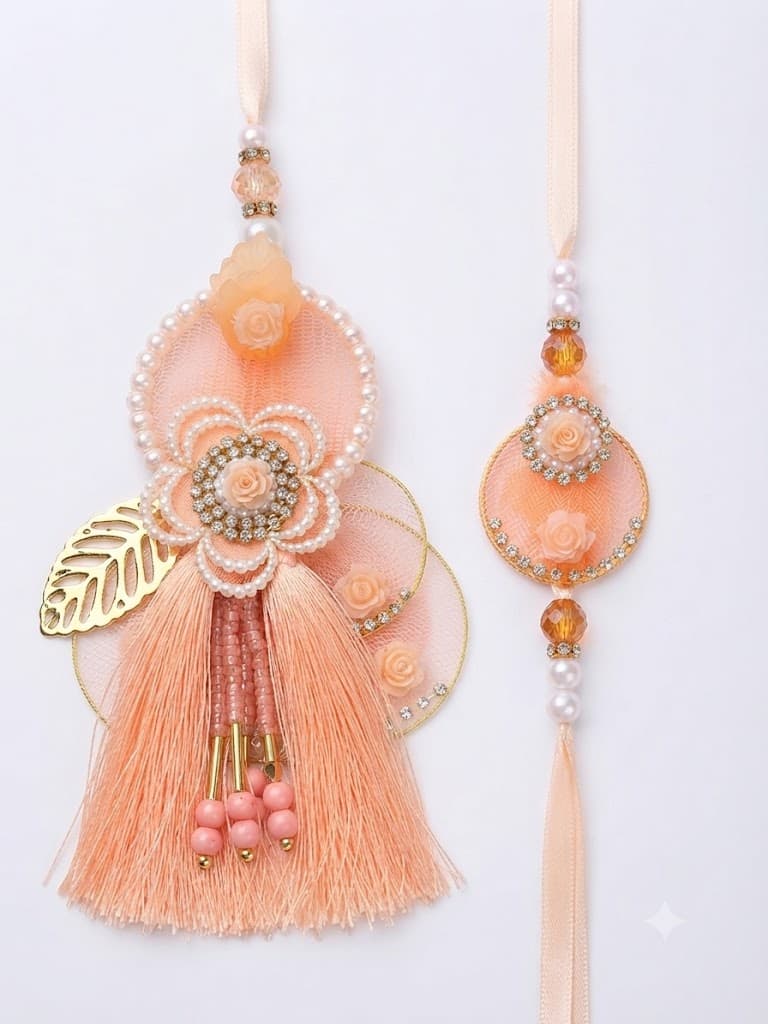 Peach Floral & Tassel Rakhi Set with Pearl and Crystal Accents