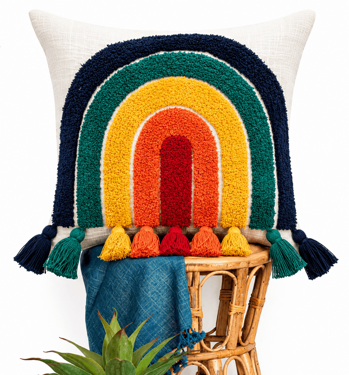 Boho Rainbow Tufted Cushion Cover with Tassels – Multicolor Decorative Throw Pillow Cover for Sofa & Bed
