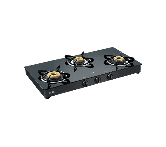 GLEN 3 Burner Glass Gas Stove with High Flame Forged Brass Burners, Double Drip Tray, Black – Manual/Auto Ignition CT 1038 GT BB BL HF CPS