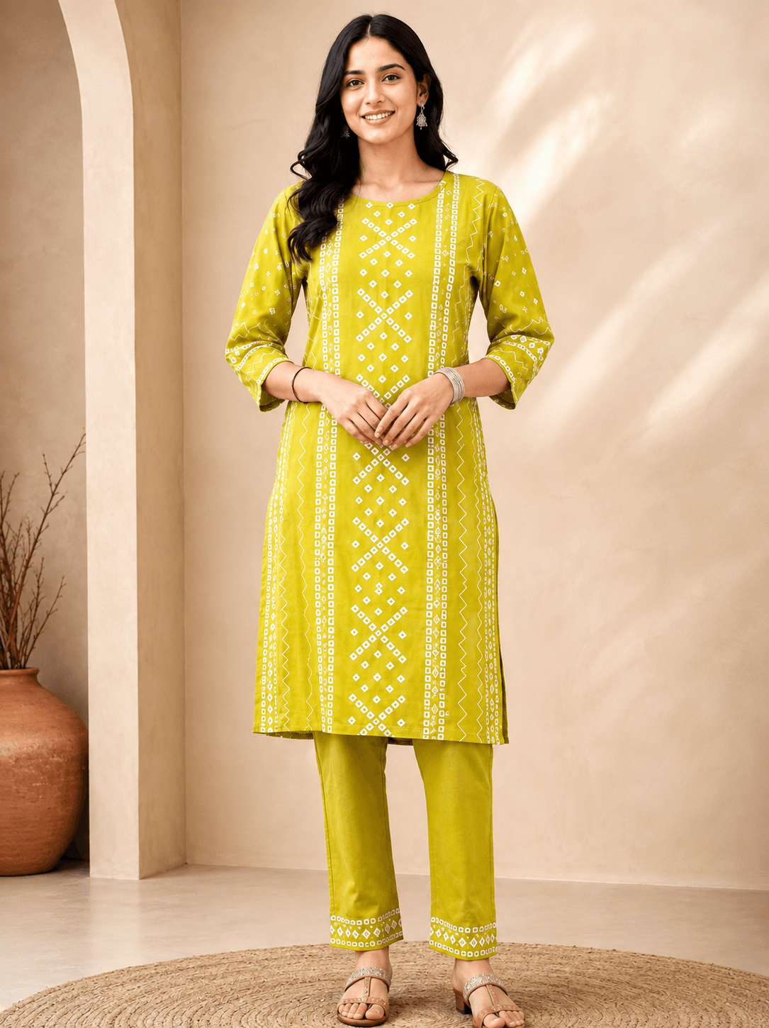 Lime Green Printed Kurta Pant Set for Women – Stylish Ethnic Wear