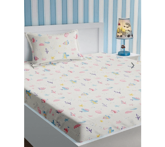 Kids Single Bed Sheet Set 60x90 Inches Pure Cotton 200 Thread Count with 1 Pillow Cover Off White Fish Print Design