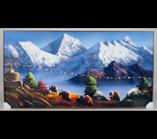 Framed Himalayan Landscape Painting – Majestic Snow-Capped Mountains