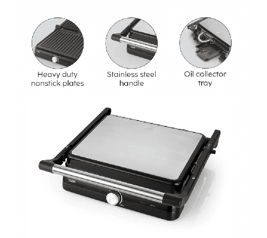 GLEN Electric Contact Grill & Sandwich Maker 2000W with 180° Opening & Non-Stick Plates – SA3031