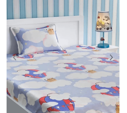Kids Blue Spaceship Design Bedsheet – Single Size Pure Cotton Bedsheet Set with 1 Pillow Cover (60x90 Inches) for Boys & Kids Bedroom