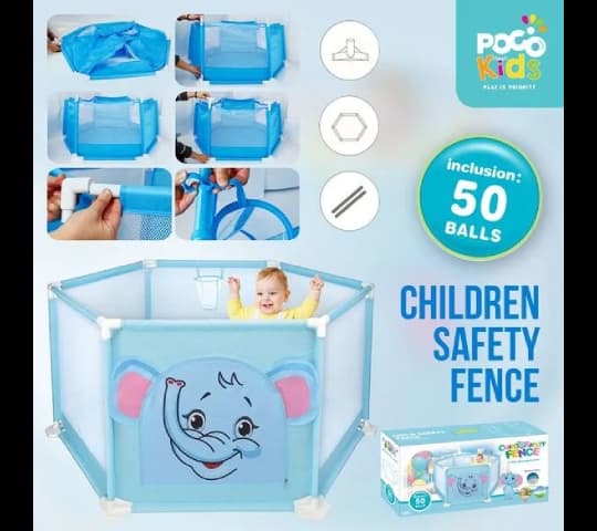 125cm Printed Elephant Children's Playpen with 50 Ocean Balls | Baby Ball Pit Play Fence